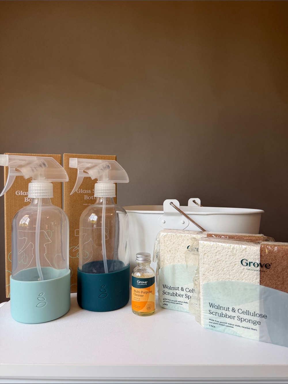 Grove Co. Cleaning Set — Blue & Teal Glass Spray Bottles with Sponges & Caddy